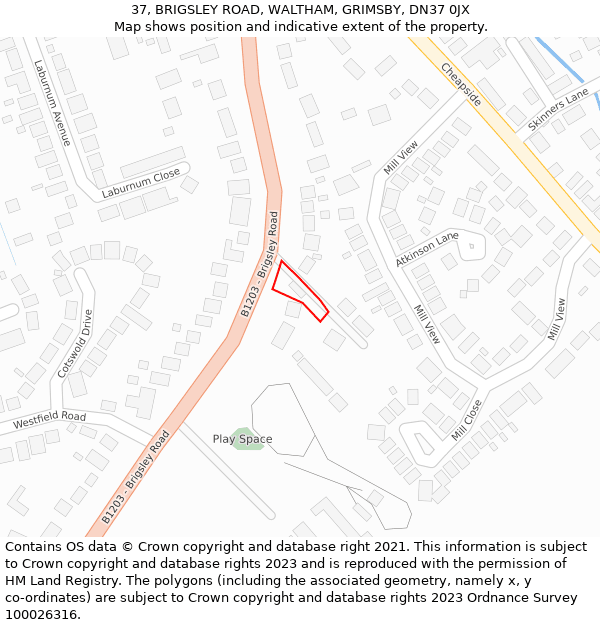 37, BRIGSLEY ROAD, WALTHAM, GRIMSBY, DN37 0JX: Location map and indicative extent of plot