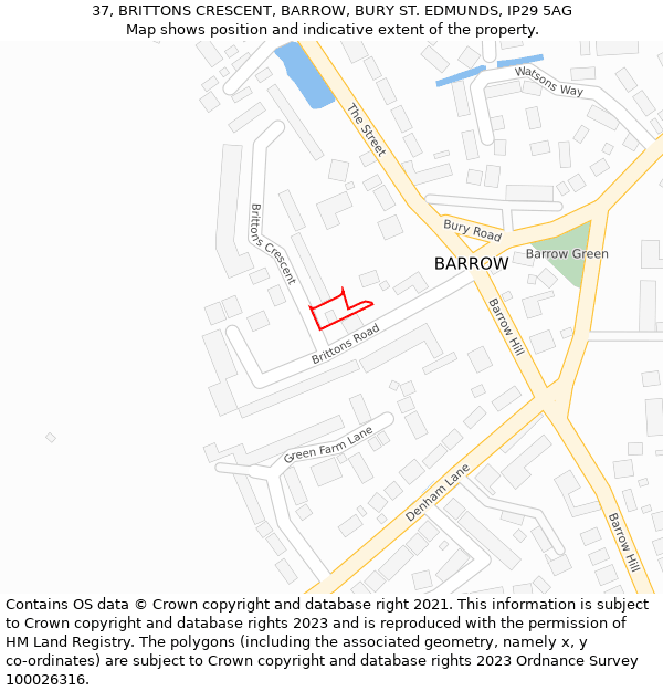 37, BRITTONS CRESCENT, BARROW, BURY ST. EDMUNDS, IP29 5AG: Location map and indicative extent of plot