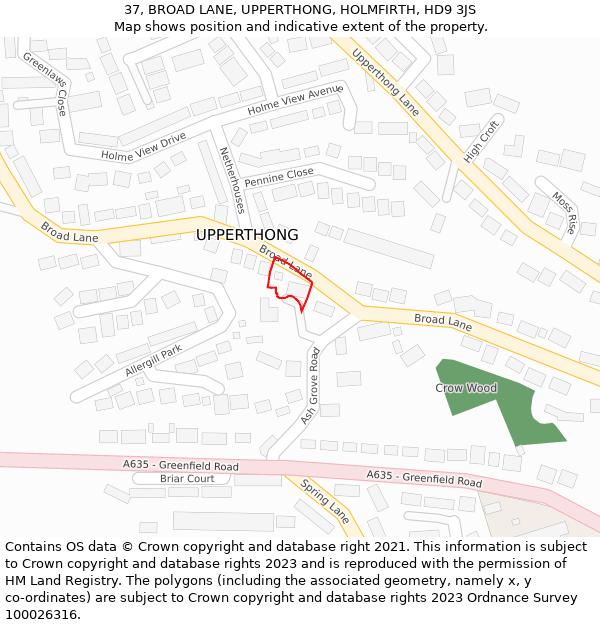 37, BROAD LANE, UPPERTHONG, HOLMFIRTH, HD9 3JS: Location map and indicative extent of plot