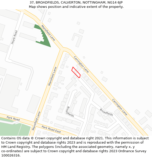 37, BROADFIELDS, CALVERTON, NOTTINGHAM, NG14 6JP: Location map and indicative extent of plot