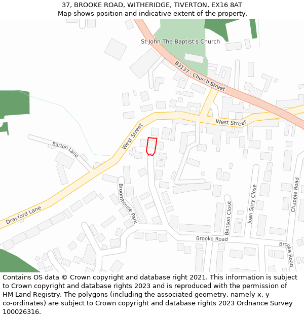37, BROOKE ROAD, WITHERIDGE, TIVERTON, EX16 8AT: Location map and indicative extent of plot