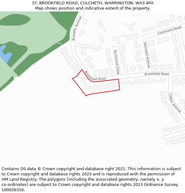 37, BROOKFIELD ROAD, CULCHETH, WARRINGTON, WA3 4PA: Location map and indicative extent of plot