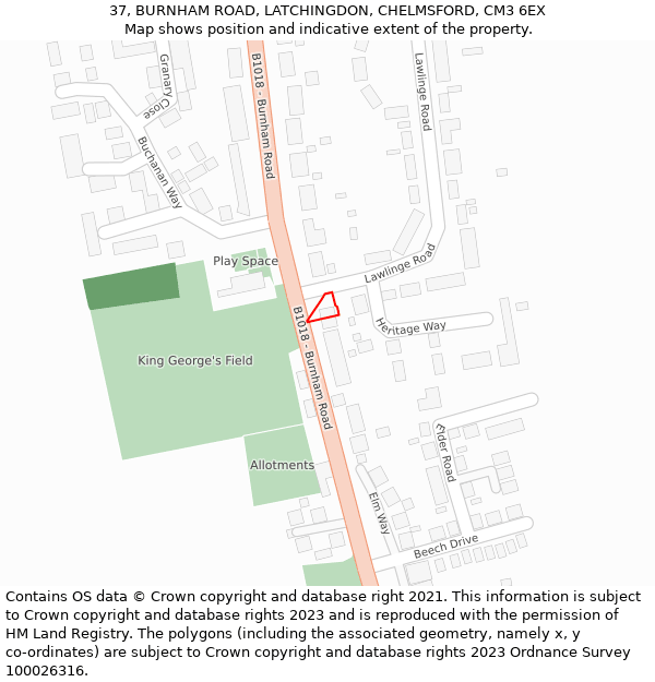 37, BURNHAM ROAD, LATCHINGDON, CHELMSFORD, CM3 6EX: Location map and indicative extent of plot