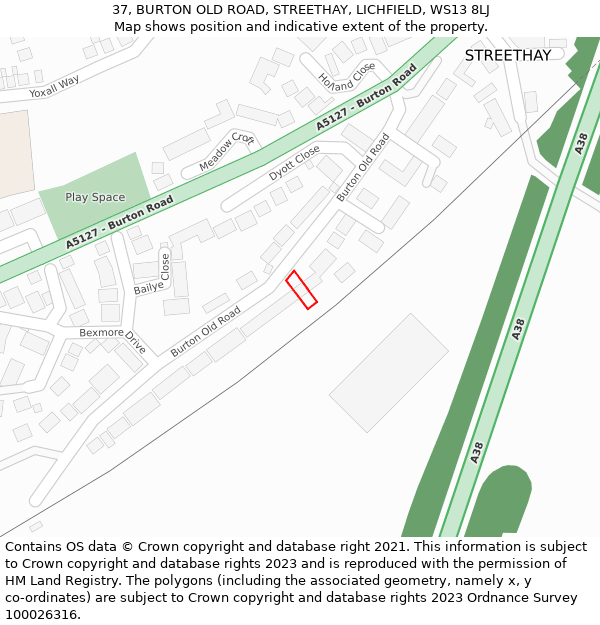 37, BURTON OLD ROAD, STREETHAY, LICHFIELD, WS13 8LJ: Location map and indicative extent of plot