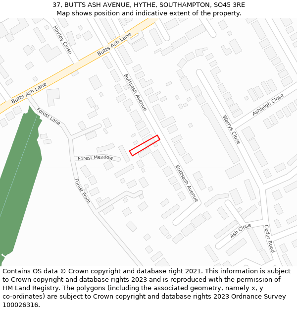 37, BUTTS ASH AVENUE, HYTHE, SOUTHAMPTON, SO45 3RE: Location map and indicative extent of plot