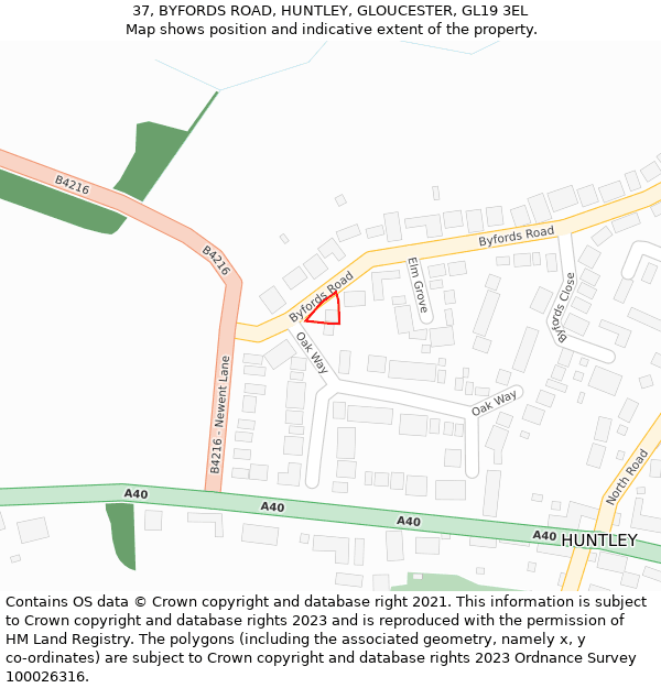 37, BYFORDS ROAD, HUNTLEY, GLOUCESTER, GL19 3EL: Location map and indicative extent of plot