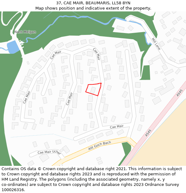 37, CAE MAIR, BEAUMARIS, LL58 8YN: Location map and indicative extent of plot