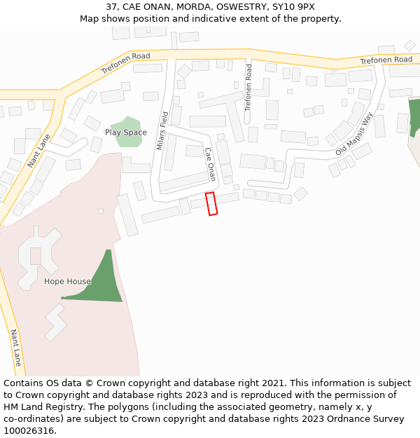 37, CAE ONAN, MORDA, OSWESTRY, SY10 9PX: Location map and indicative extent of plot