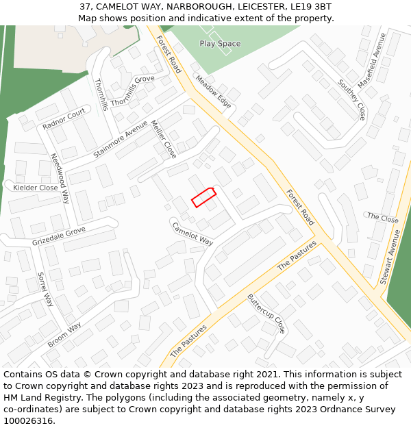 37, CAMELOT WAY, NARBOROUGH, LEICESTER, LE19 3BT: Location map and indicative extent of plot