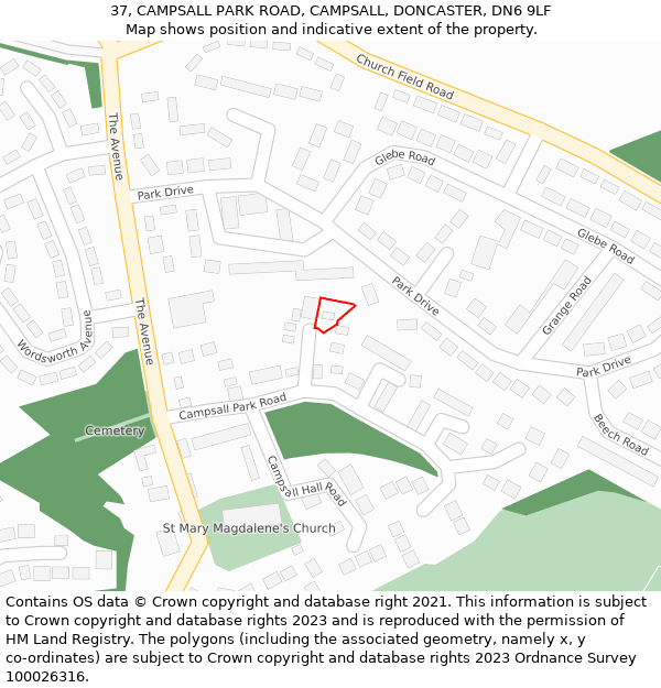 37, CAMPSALL PARK ROAD, CAMPSALL, DONCASTER, DN6 9LF: Location map and indicative extent of plot