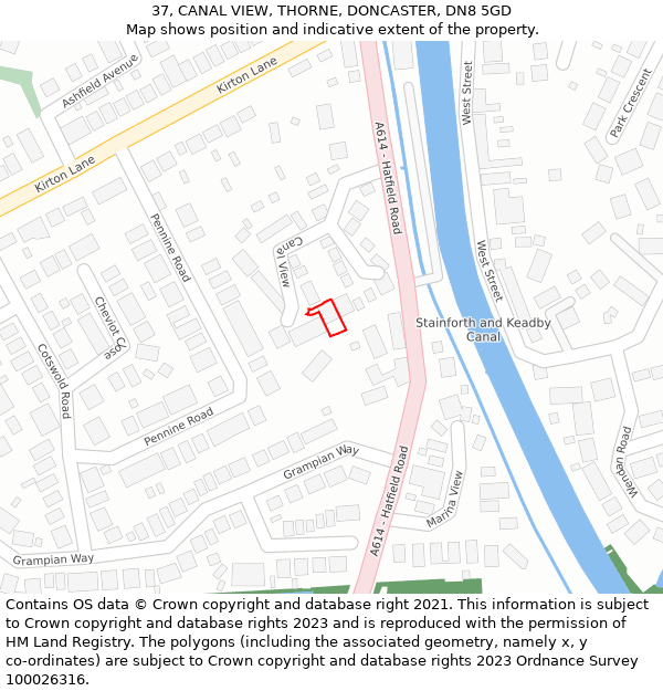 37, CANAL VIEW, THORNE, DONCASTER, DN8 5GD: Location map and indicative extent of plot