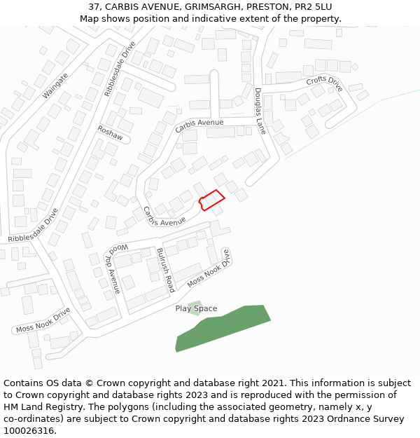 37, CARBIS AVENUE, GRIMSARGH, PRESTON, PR2 5LU: Location map and indicative extent of plot