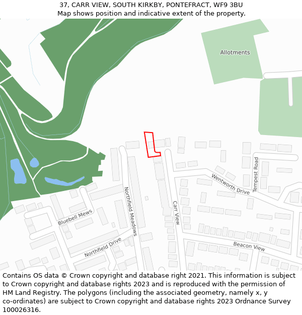 37, CARR VIEW, SOUTH KIRKBY, PONTEFRACT, WF9 3BU: Location map and indicative extent of plot