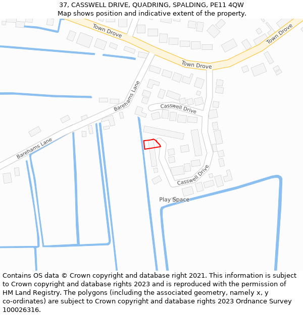 37, CASSWELL DRIVE, QUADRING, SPALDING, PE11 4QW: Location map and indicative extent of plot