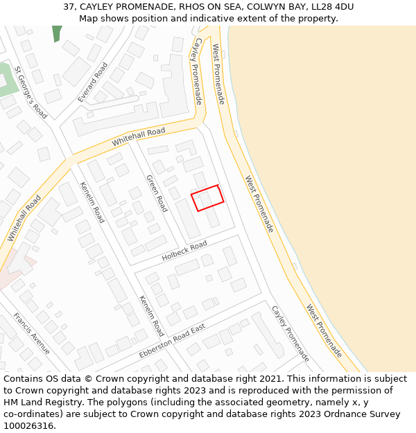 37, CAYLEY PROMENADE, RHOS ON SEA, COLWYN BAY, LL28 4DU: Location map and indicative extent of plot