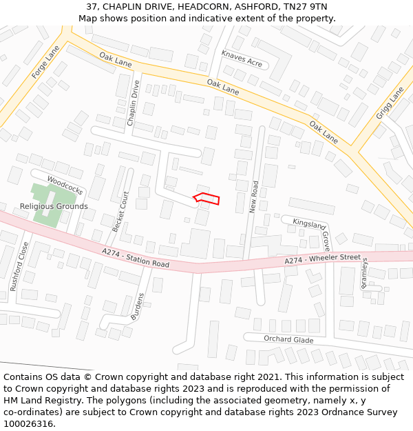 37, CHAPLIN DRIVE, HEADCORN, ASHFORD, TN27 9TN: Location map and indicative extent of plot