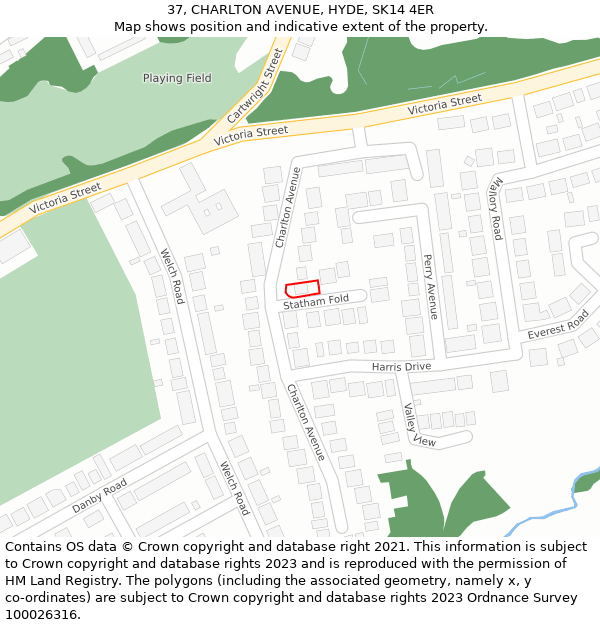 37, CHARLTON AVENUE, HYDE, SK14 4ER: Location map and indicative extent of plot