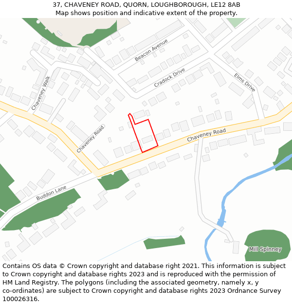 37, CHAVENEY ROAD, QUORN, LOUGHBOROUGH, LE12 8AB: Location map and indicative extent of plot