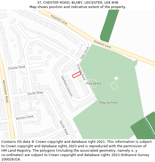 37, CHESTER ROAD, BLABY, LEICESTER, LE8 4HB: Location map and indicative extent of plot