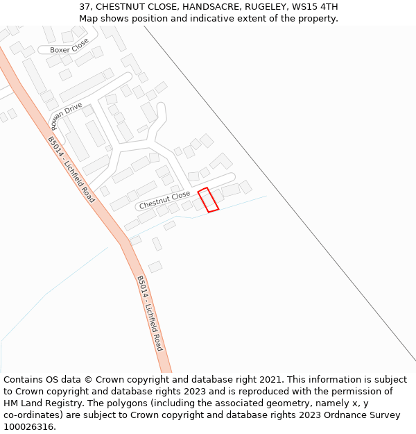37, CHESTNUT CLOSE, HANDSACRE, RUGELEY, WS15 4TH: Location map and indicative extent of plot