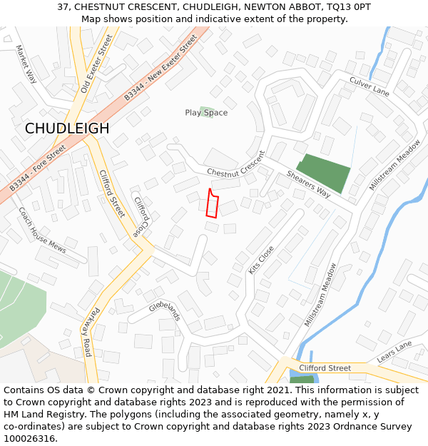 37, CHESTNUT CRESCENT, CHUDLEIGH, NEWTON ABBOT, TQ13 0PT: Location map and indicative extent of plot