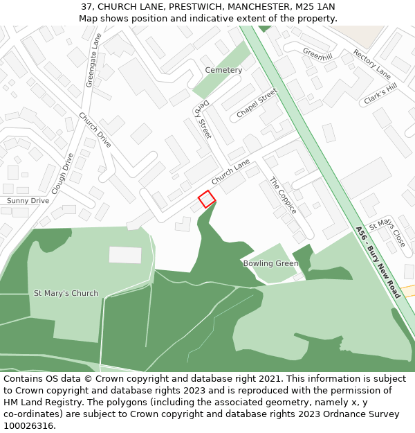 37, CHURCH LANE, PRESTWICH, MANCHESTER, M25 1AN: Location map and indicative extent of plot