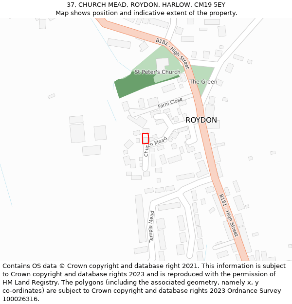 37, CHURCH MEAD, ROYDON, HARLOW, CM19 5EY: Location map and indicative extent of plot