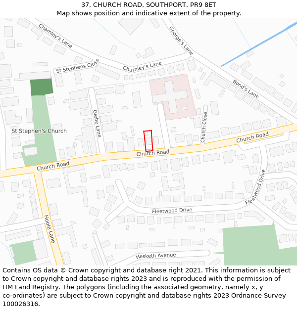 37, CHURCH ROAD, SOUTHPORT, PR9 8ET: Location map and indicative extent of plot