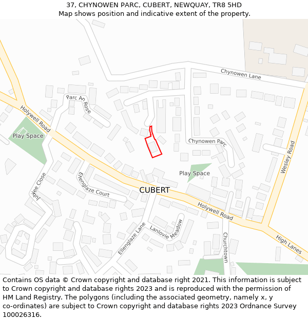 37, CHYNOWEN PARC, CUBERT, NEWQUAY, TR8 5HD: Location map and indicative extent of plot