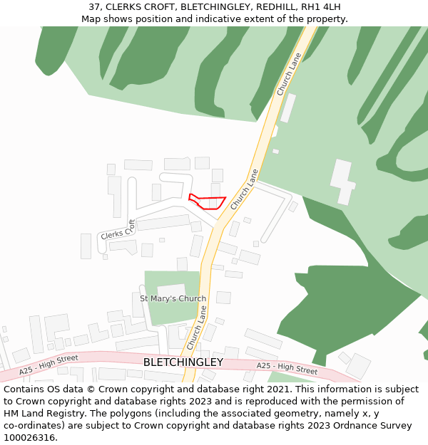 37, CLERKS CROFT, BLETCHINGLEY, REDHILL, RH1 4LH: Location map and indicative extent of plot