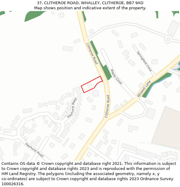 37, CLITHEROE ROAD, WHALLEY, CLITHEROE, BB7 9AD: Location map and indicative extent of plot