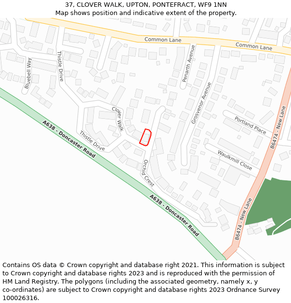 37, CLOVER WALK, UPTON, PONTEFRACT, WF9 1NN: Location map and indicative extent of plot