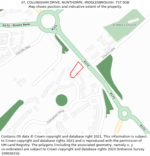 37, COLLINGHAM DRIVE, NUNTHORPE, MIDDLESBROUGH, TS7 0GB: Location map and indicative extent of plot