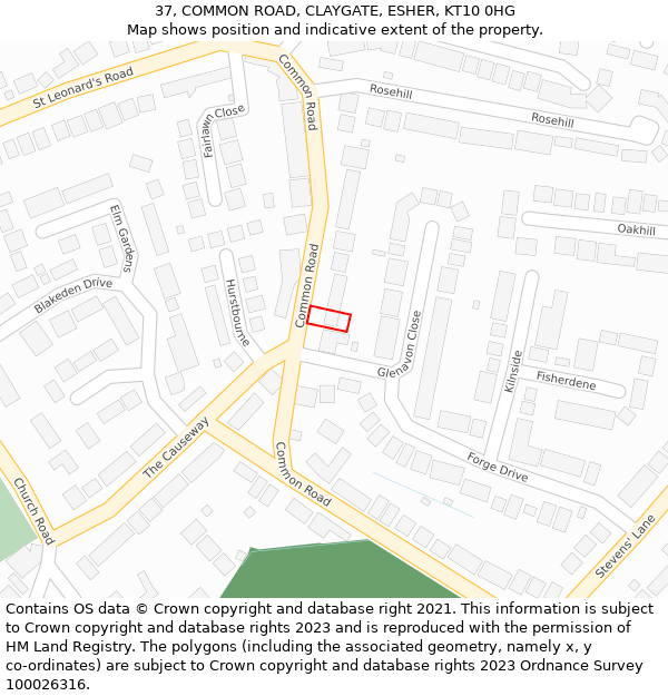 37, COMMON ROAD, CLAYGATE, ESHER, KT10 0HG: Location map and indicative extent of plot