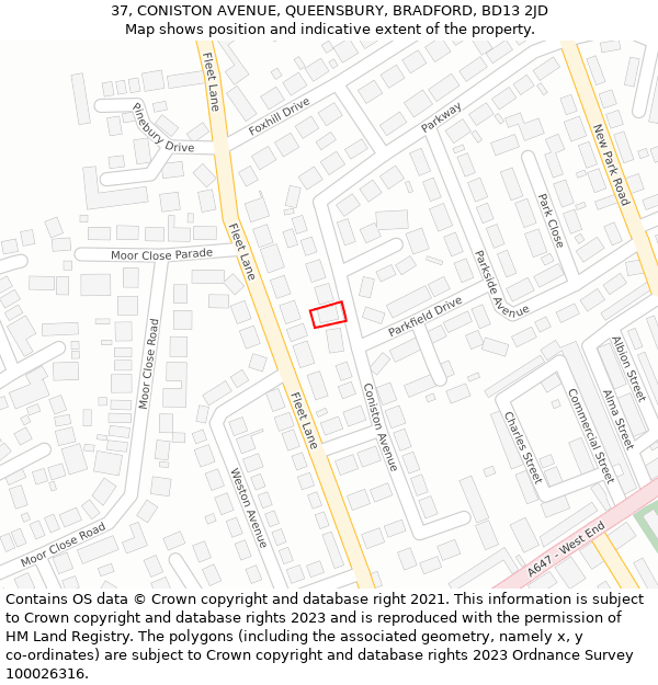 37, CONISTON AVENUE, QUEENSBURY, BRADFORD, BD13 2JD: Location map and indicative extent of plot