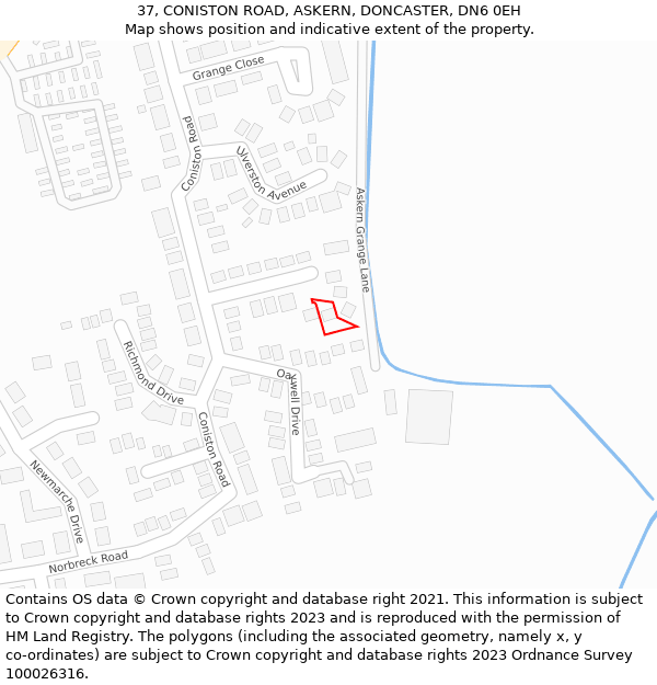 37, CONISTON ROAD, ASKERN, DONCASTER, DN6 0EH: Location map and indicative extent of plot