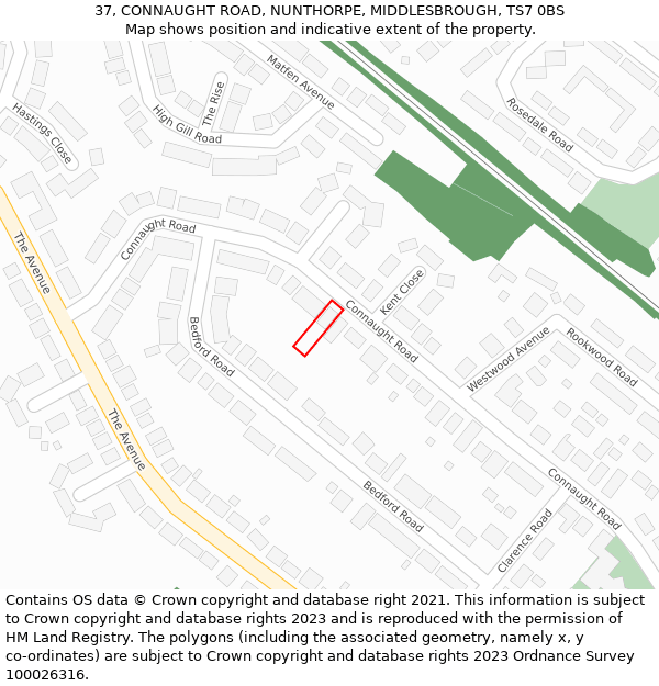 37, CONNAUGHT ROAD, NUNTHORPE, MIDDLESBROUGH, TS7 0BS: Location map and indicative extent of plot