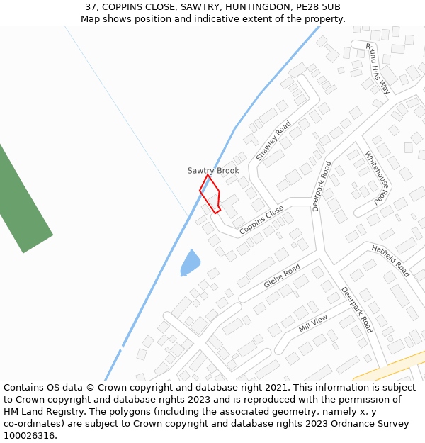 37, COPPINS CLOSE, SAWTRY, HUNTINGDON, PE28 5UB: Location map and indicative extent of plot