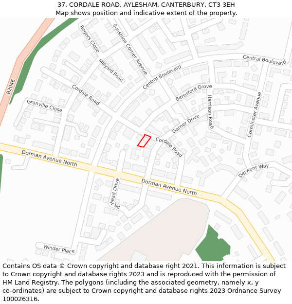 37, CORDALE ROAD, AYLESHAM, CANTERBURY, CT3 3EH: Location map and indicative extent of plot