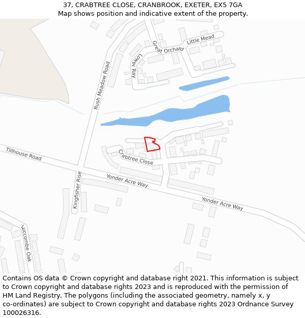 37, CRABTREE CLOSE, CRANBROOK, EXETER, EX5 7GA: Location map and indicative extent of plot