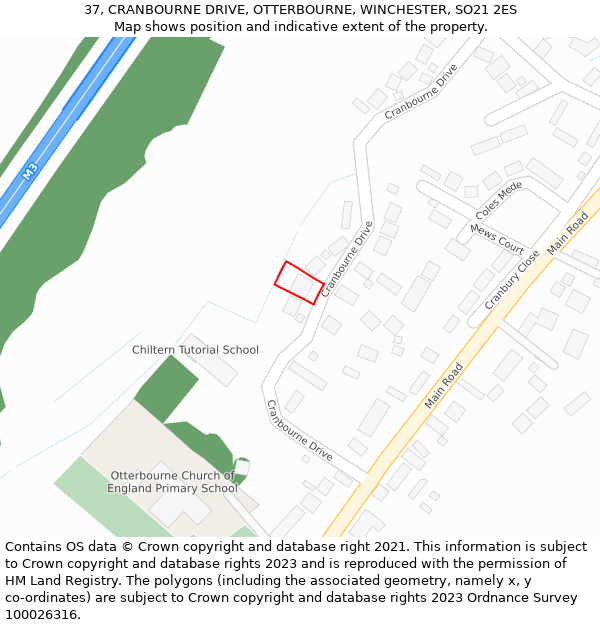 37, CRANBOURNE DRIVE, OTTERBOURNE, WINCHESTER, SO21 2ES: Location map and indicative extent of plot