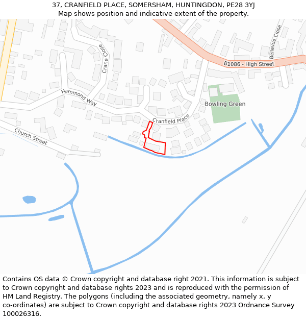 37, CRANFIELD PLACE, SOMERSHAM, HUNTINGDON, PE28 3YJ: Location map and indicative extent of plot