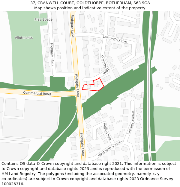 37, CRANWELL COURT, GOLDTHORPE, ROTHERHAM, S63 9GA: Location map and indicative extent of plot