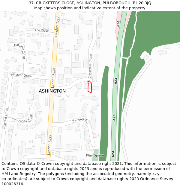 37, CRICKETERS CLOSE, ASHINGTON, PULBOROUGH, RH20 3JQ: Location map and indicative extent of plot