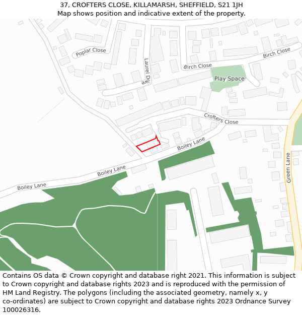 37, CROFTERS CLOSE, KILLAMARSH, SHEFFIELD, S21 1JH: Location map and indicative extent of plot