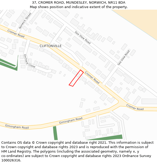 37, CROMER ROAD, MUNDESLEY, NORWICH, NR11 8DA: Location map and indicative extent of plot