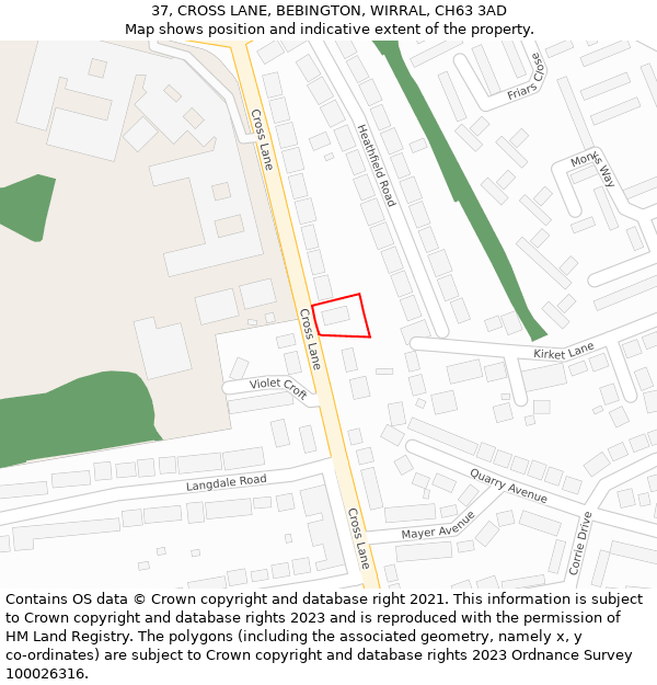 37, CROSS LANE, BEBINGTON, WIRRAL, CH63 3AD: Location map and indicative extent of plot
