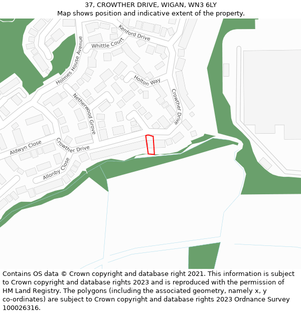 37, CROWTHER DRIVE, WIGAN, WN3 6LY: Location map and indicative extent of plot