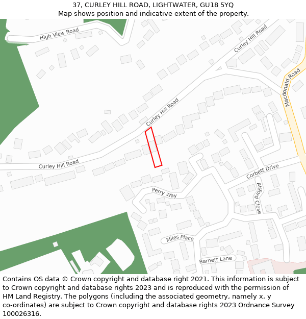 37, CURLEY HILL ROAD, LIGHTWATER, GU18 5YQ: Location map and indicative extent of plot