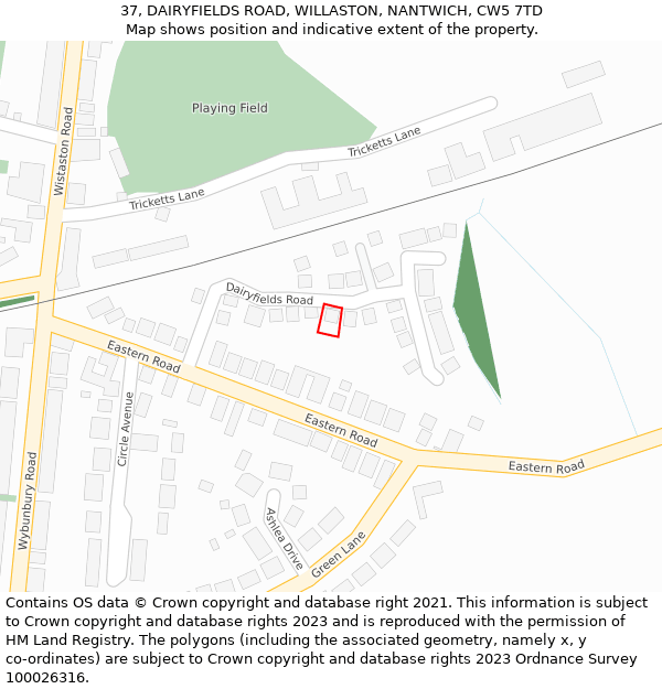 37, DAIRYFIELDS ROAD, WILLASTON, NANTWICH, CW5 7TD: Location map and indicative extent of plot